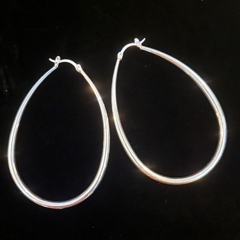 Sterling Silver Teardrop Hoop Earrings, Mark IBBCN, Wt 0.32Oz., Dim. 2.5"× 1.75"